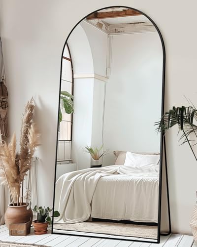 Full Length Mirror with Stand, 76"x34" Arched Full Body Mirror, Large Stand Up Mirrors, Aluminum Frame Floor Standing Mirrors, Freestanding Hanging Leaning Mounted for Bedroom Living Room, Black - color: Black, size: 76"L x 34"W