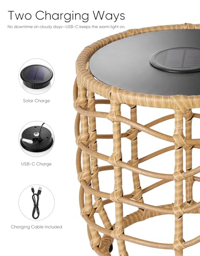Boho Solar Outdoor Side Table with Built-in Lights Set of 2, All-Weather Wicker Nesting Tables, Round Waterproof Accent End Table Design for Patio, Porch, Garden & Balcony, Natural Brown - color: Natural Brown