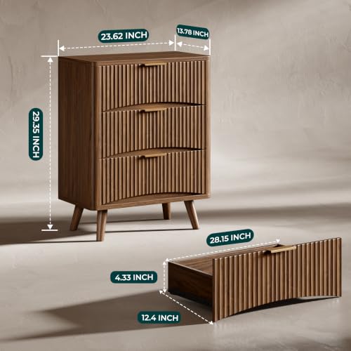 Evermagin 29" Tall Fluted Nightstand Set of 2 with 3 Drawers | Walnut Night Stand, Wooden Bedside Table, Mid Century Modern Side Table for Bedroom, livingroom - color: Walnut, size: 13.78"D x 23.62"W x 29.35"H (3 Drawers)