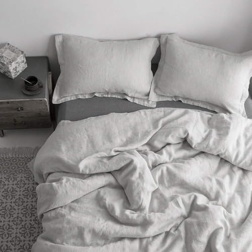 Simple&Opulence 100% Washed Linen Duvet Cover Set with Embroidered,3 Pieces Soft Farmhouse Comforter Set with Button Closure,1 Duvet Cover and 2 Pillowshams(Full,Grey) - color: Embroidery Grey, size: Full