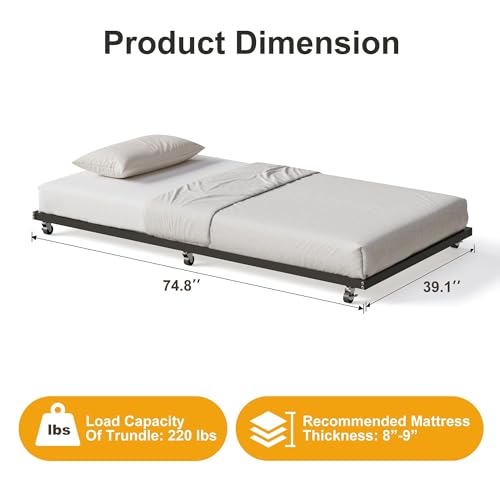 IDEALHOUSE Twin Size Metal Roll Out Trundle Bed Frame with Wheels and Slats Support, Black | Pull-Out Trundle, Space-Saving, Metal Frame, Living Room, Bedroom, Apartment - color: Modern Black, size: Twin Roll-Out Trundle