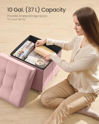 SONGMICS Small Storage Ottoman, Folding Ottoman Cube, 15 x 15 x 15.7 Inches, Footstool, Footrest, 10 Gal. (37 L), Velvet Surface, for Bedroom, Living Room, Dorm, Jelly Pink ULSF0516R01 - color: Jelly Pink