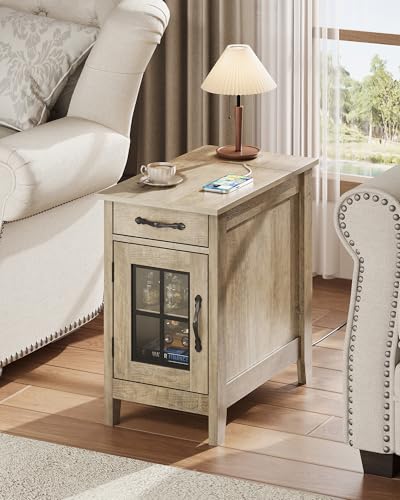 WLIVE End Table with Charging Station, Narrow Side Table for Living Room, Farmhouse Night Stand with Storage, Small Wooden Cabinet Nightstand with USB Ports and Outlets, 23.62" D x 13.78" W x 23.62" H - color: Greige Beige