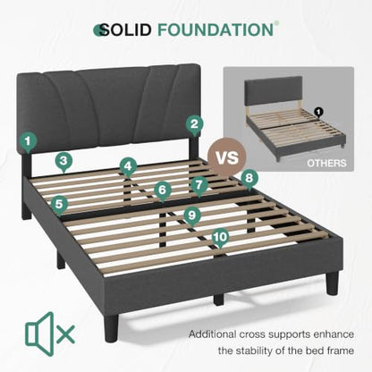 Novilla Queen Size Bed Frame Upholstered Queen Bed Frame with 3-Height Adjustable Headboard, Strong Weight Capacity, No Box Spring Needed, Easy Assembly, Grey - color: Grey, size: Queen