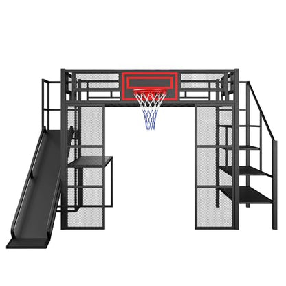 LUMISOL Full Size Loft Bed with Desk and Stairs, Heavy Duty Metal Loft Bed Frame with Storage Shelves and Basketball Hoop, Noise Free, No Box Spring Needed, Black - color: Black, size: Full with Slide