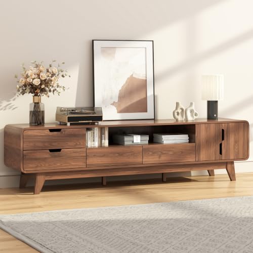 EAG 75" TV Stand, Mid Century Modern TV Stand for 85 Inch TV, Entertainment Center with Storage Cabinet & 4 Drawers, Media and TV Console for Living Room, Bedroom, Walnut - color: Walnut, size: 75"