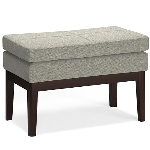 SIMPLIHOME Carlson 27" Wide Woven Fabric Rectangle Ottoman in Greige | Mid-century modern ottoman with a padded seat for bedroom, entryway or living room; footstool or footrest. - color: Greige, style: Small Ottoman Bench