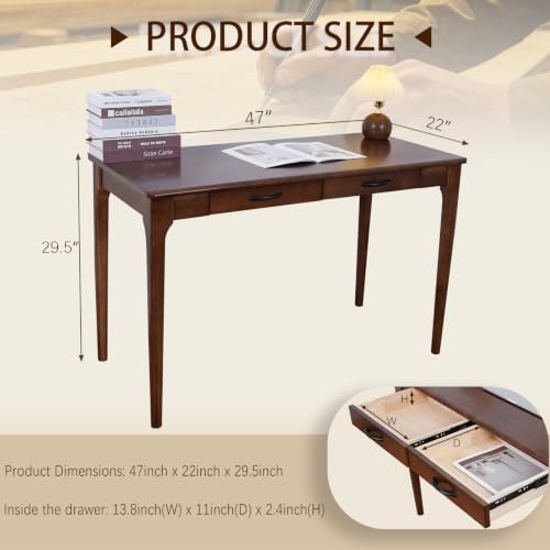 Solid Wood Desk with Drawers, Wooden Computer Desk for Home Office, Gaming Study Desk for Small Spaces, Writing Work Desk for Bedroom,Easy Assembly (Walnut Color 47 inch 2 Drawers) - color: Handle Walnut Color 47.2 Inch