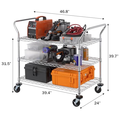 Finnhomy 3-Tier Commercial Grade Rolling Cart, Heavy Duty Utility Cart with Wheels and Handles, Metal Kitchen Carts on Wheels with 600 lbs Capacity, Shelf Size 24" D x 40" W, NSF - size: 24"D x 46.8"W x 39.7"H