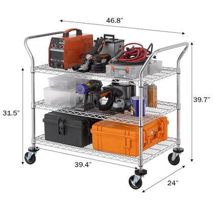 Finnhomy 3-Tier Commercial Grade Rolling Cart, Heavy Duty Utility Cart with Wheels and Handles, Metal Kitchen Carts on Wheels with 600 lbs Capacity, Shelf Size 24" D x 40" W, NSF - size: 24"D x 46.8"W x 39.7"H