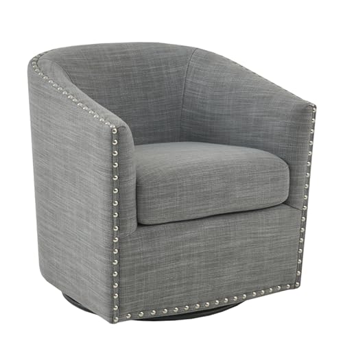 Madison Park Swivel Barrel Accent Chair, Upholstered Curved Back with 7-Inch Thick Woven Cushion, 360° Swivel, Nailhead Trim, Comfy Chair for Living Room, Bedroom, Office, 28" Wide, Grey, Tyler - color: Grey