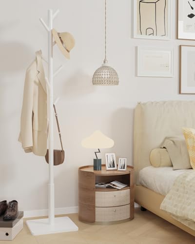 Yawinhe Coat Rack, Sturdy Woode Stand Tree with 8 Hooks,White | 3 Adjustable Heights Coat Tree Freestanding; Sturdy Clothes Stand with Square Base; Coat Standing Tree for Entryway, Hallway - color: White
