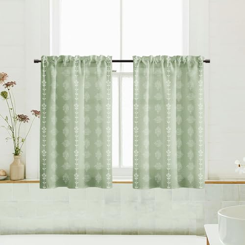 Lino Rosa Bathroom Curtains Window,Boho Sheer Linen Block Print Curtains for Shower Window,Sage Green - color: Sage, size: 24"W x 24"L (Pack of 2)