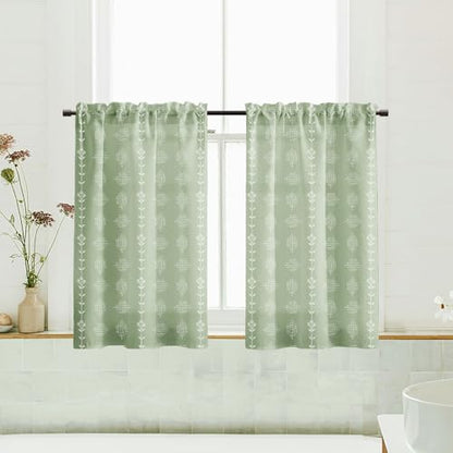 Lino Rosa Bathroom Curtains Window,Boho Sheer Linen Block Print Curtains for Shower Window,Sage Green - color: Sage, size: 24"W x 24"L (Pack of 2)