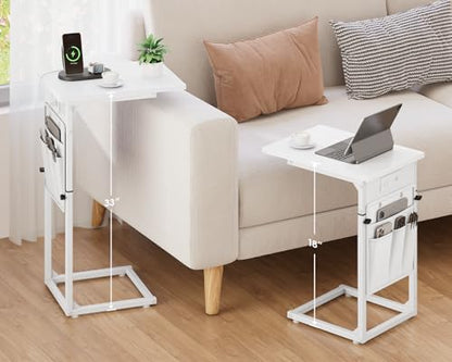 C Shaped End Table with Charging Station, Adjustable Height Side Table for Couch, Small Sofa Table for Small Spaces, Slide Under Sofa Table TV Tray Arm Tables for Living Room, Bedroom, White - color: White, style: With Plug