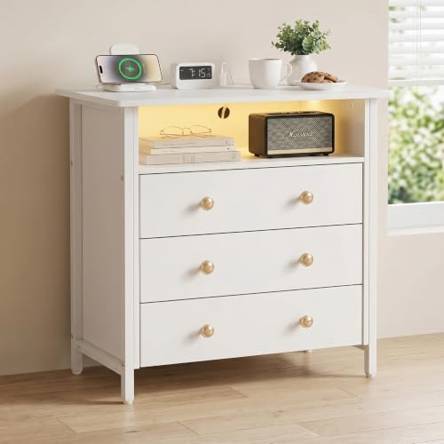 27" LED Nightstand Set 2 with Charging Station & 3 Drawers, White | RGB App Control, 2 AC Outlets & 2 USB Ports, Open Storage, Adjustable Feet, Wood Tall Nightstand for Bedroom or Office - color: White, size: 3 Drawers