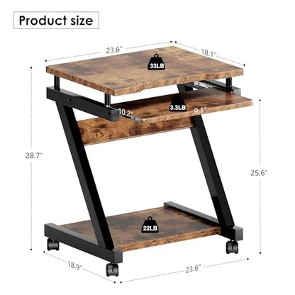 sogesfurniture Small Mobile Computer Desk with Keyboard Tray | Z-Shaped Compact Study Table, Rolling Workstation for Home and Office with Printer Shelf, Keyboard Drawers, Rustic Brown - color: Rustic Brown