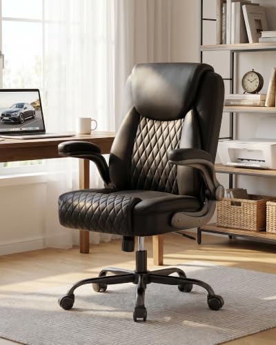 COMHOMA Mid-Back Office Chair, Ergonomic PU Desk Chair with Flip up Arms, Small Computer Gaming with Comfy Lumbar Support,Rocking Function,Sturdy Metal Base, Black - color: Black