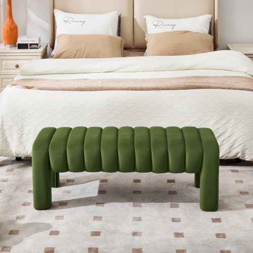 43.3” Dining Room Bench, Olive Green Tufted Upholstered End of Bed Bench, Modern Entryway Ottoman Window Seat with Solid Wood Legs and Padded Seat for Bedroom, Hallway and Living Room (Velvet) - color: Olive Green Velvet, size: 43.3"