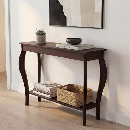 ChooChoo 39" Narrow Entryway Table with Storage Shelf, Espresso | Console Table with Curved Legs, Chic Accent Sofa Table with Shelves for Entryway, Living Room, Hallway - color: Espresso