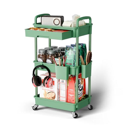Sorgion 3 Tier Rolling Cart Organizer,Laundry Room Bathroom Organizers and Storage Office Shelves Mobile Shelving Unit Kitchen Trolley Cart with Wheels for Art,Craft,Diaper,Bedside,Snack(Green) - size: 3Tier-Green
