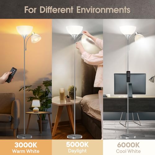 GERGO Floor Lamp, Remote Control with 4 Color Temperatures, LED Torchiere Floor Lamp with Adjustable Reading Lamp for Bedroom, Standing Lamps for Living Room, Bulb Included (Brushed Nickel) - color: Brushed Nickel
