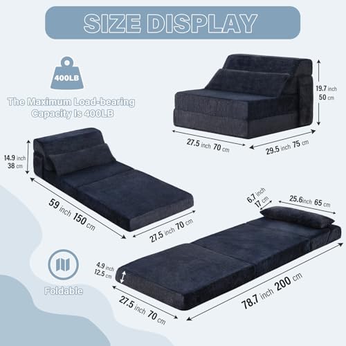 Convertible Folding Sofa Bed Single Size for Adults with Pillow, Plush Fabric Floor Mattress Couch Bed, Washable Cover & Side Pocket, Guest Room, Dorm, Apartment, Living Room, Navy - color: Plush Navy, size: Single Size