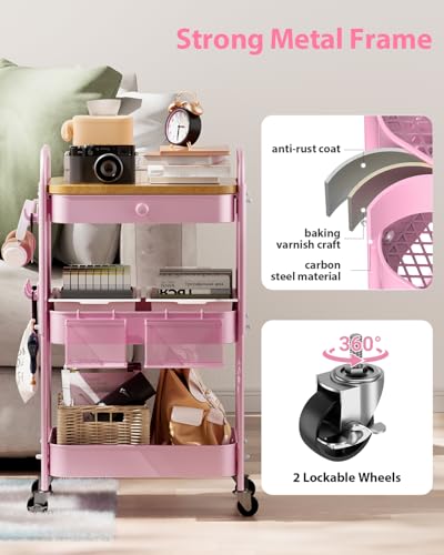 ALVOROG 3 Tier Metal Rolling Cart with Drawer,Wood Top,Pegboards,Pink | Storage Utility Cart with Drawers,Pegboards,Lockable Wheels,Baskets,Hooks for Kitchen,Office,Bedroom,DIY Supplies - color: Cherry Blossom Pink