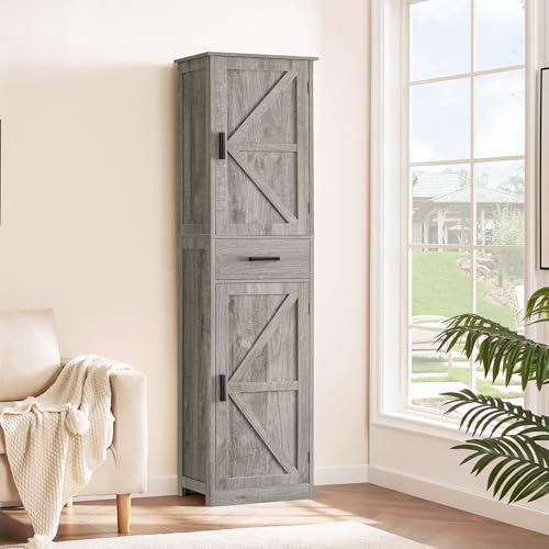 TEENFON Tall Bathroom Cabinet, Storage Cabinet with 6 Shelves & Drawer, Bathroom Storage Cabinet with Adjustable Shelves, Tall Cabinet for Living Room, Home Office, Grey - color: Grey