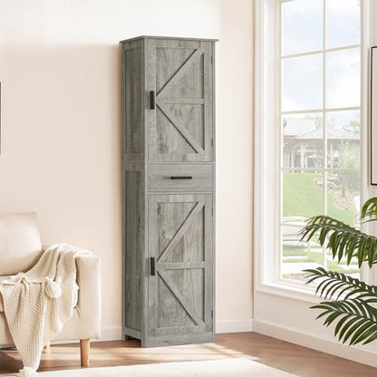 TEENFON Tall Bathroom Cabinet, Storage Cabinet with 6 Shelves & Drawer, Bathroom Storage Cabinet with Adjustable Shelves, Tall Cabinet for Living Room, Home Office, Grey - color: Grey