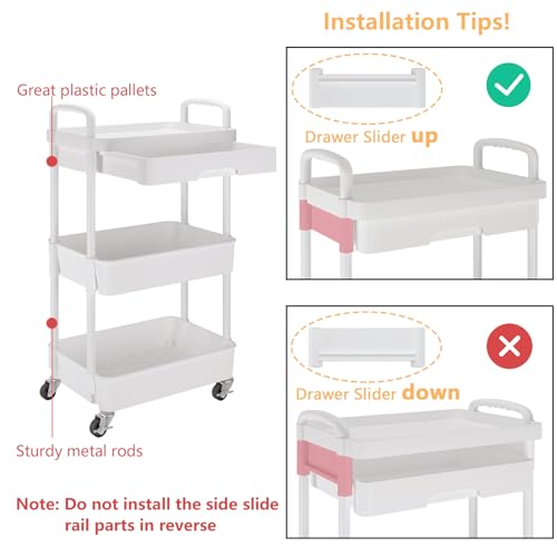 Calmootey 3-Tier Rolling Utility Cart with Drawer,Multifunctional Storage Organizer with Plastic Shelf & Metal Wheels,Storage Cart for Kitchen,Bathroom,Living Room,Office,White | Space-Saving Organizer, Sturdy Plastic Shelves, Smooth-Rolling Metal Wheels,