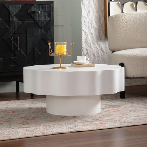 Modern White Scalloped Coffee Table 31.5" Round Wood Center Table Wave-Shape Coffee Tea Tables with Pedestal Base for Living Room Apartment Small Space (White) - color: White