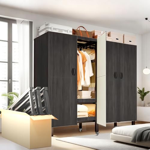 Heavy Duty Clothes Rack with Magnetic Door, Metal Foldable Covered Clothes Rack, Portable Wardroobe Closet System for Hanginng Clothes, Rolling Garmen (Agarwood Doors, 49.2in) - color: Agarwood Doors, size: 49.2in