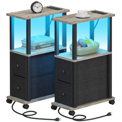 TUTOTAK Small Narrow End Tables, LED Side Tables with 2 Fabric Drawers, Set of 2, Bedside Tables with Charging Station for Small Spaces, Slim Nightstands with USB Ports and Wheels, TB01BG053L - color: Greige, style: with LED Light & Outlets