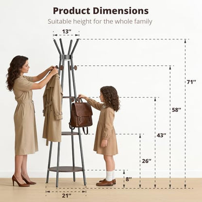young master Freestanding Coat Rack with Light, 12 Hooks & 3 Wood Shelves, Black