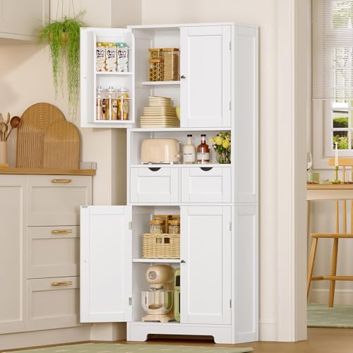 Kitchen Pantry Cabinet with Adjustable Shelf, Tall Storage Cabinet with 2 Drawers & 4 Door Shelves, Food Pantry Cabinets, for Kitchen, Dining Room, Living Room, White - color: White