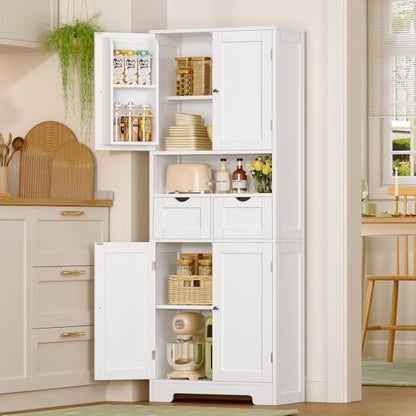 Kitchen Pantry Cabinet with Adjustable Shelf, Tall Storage Cabinet with 2 Drawers & 4 Door Shelves, Food Pantry Cabinets, for Kitchen, Dining Room, Living Room, White - color: White