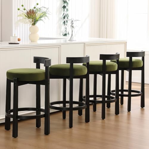 HEAH-YO Mid Century Modern Bar Stools Set of 4, 26.5" Counter Stools with Low Back, Velvet Upholstered Barstools with Black Wood Legs Bar Chairs for Kitchen Island Dining Room, Green - color: 26.5" Green Velvet Black Wood, size: Counter Height - Set of 4