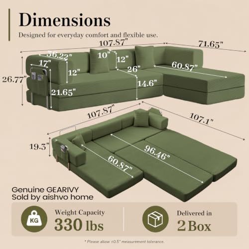 Folding Sofa Bed Convertable Corduroy Couch King Size Floor sleeper 4-in-1 DIY Combination Modular Sofa Fold Out Futon lounge Comfy Foldable Lazy cama For Living Room (green, 4-seater with a chaise) - color: Green, size: 4-seater with a chaise