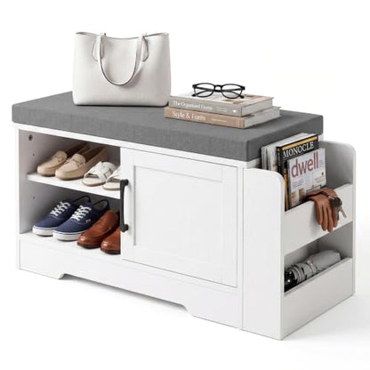 Farmhouse Shoe Storage Bench with 3-in-1 Entryway Storage & Padded Seat | 27.8" Wide Entryway Bench with Adjustable Shelves, Shoe Organizer & Side Storage Rack for Living Room, Bedroom, White - size: 27.8" Wide