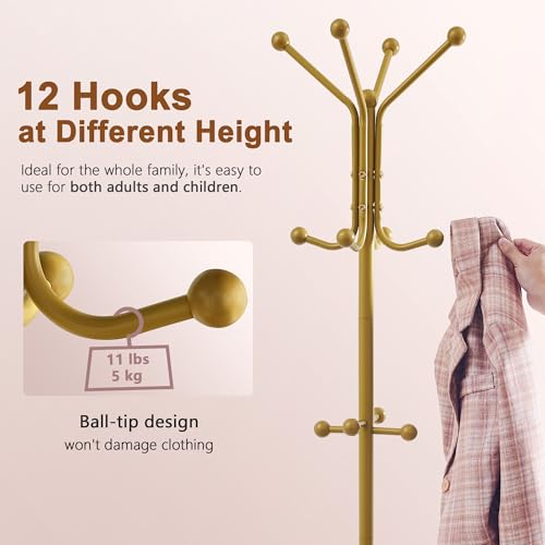 Hoctieon Coat Rack Freestanding, Coat Tree with Umbrella Holder | Metal Coat Rack Stand with 12 Hooks, Standing Coat Hanger Stand, Umbrella Stand for Entryway, Hat Rack Stand for Home Office - color: Gold
