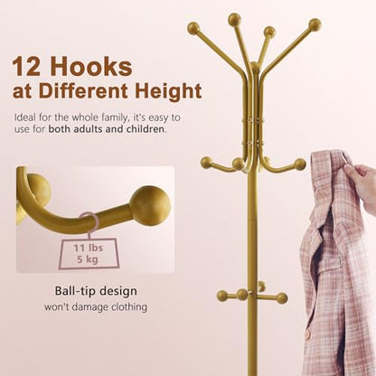 Hoctieon Coat Rack Freestanding, Coat Tree with Umbrella Holder | Metal Coat Rack Stand with 12 Hooks, Standing Coat Hanger Stand, Umbrella Stand for Entryway, Hat Rack Stand for Home Office - color: Gold