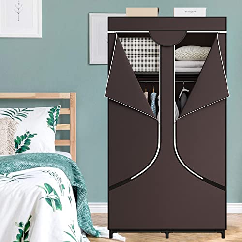 SORCEDAS Wardrobe Closet with Hanging Rods and Shelves for Clothes Storage | Portable Closet with Non-Fabric Cover,Sturdy Metal Frame,Closet Organizers and Storage for Bedroom,dorm,Storage Rooms Coffee - color: Coffee, size: 34 Inch