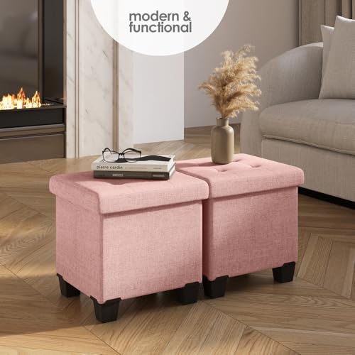 Storage Ottoman Cube with Small Bin, 15-in Square Ottoman with Storage for Living Room and Bedroom, Small Ottomans Foot Rest, Fabric Foot Stools Ottomans Max 330lbs, Pink - color: 10 - Pink