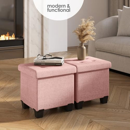Storage Ottoman Cube with Small Bin, 15-in Square Ottoman with Storage for Living Room and Bedroom, Small Ottomans Foot Rest, Fabric Foot Stools Ottomans Max 330lbs, Pink - color: 10 - Pink