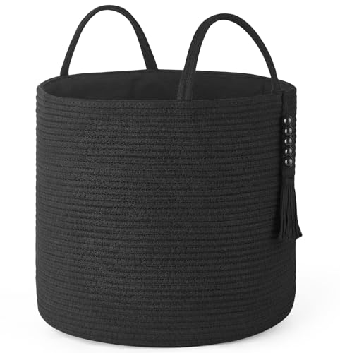 Mkono Woven Storage Basket for Blanket, Toys Plant Organizer, 16"W x 13.8"L | Black, Cotton, Decorative Basket with Handle, Wood Beads Tassel, Shoes Clothes Storage Bin, Living Room Bedroom Nursery - color: Black, size: 16" W × 13.8"L