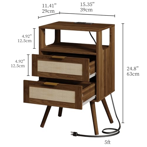Rattan Nightstand with Charging Station,Farmhouse Bedside Table with 2 Storage Drawer and Open Wood Shelf, for Bedroom and Small Spaces,Night Stand with Solid Wood Legs (Walnut Brown-Outlet) - color: Walnut Brown-outlet