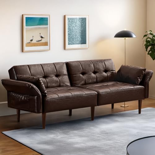 HALLYBEE 85" Futon Faux Leather Couch with Adjustable Armrests Coffee Brown | Futon Sofa Bed, Sleeper Sofa, Small Couch with Pillows, Side Pockets, Mid Century Modern, Living Room, Bedroom, Apartment - color: Coffee Brown