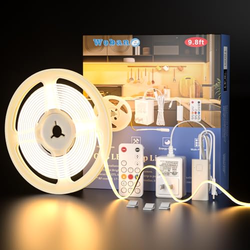 WOBANE 9.8ft COB LED Strip, Dimmable Under Cabinet Lighting with RF Remote | 3000K Warm White,CRI90+,1500lm,Surper Bright,Timing,960 LEDs,24W ETL Adapter,Light Strip for Kitchen Cabinet,Counter,Shelf - color: Warm White, size: 9.8ft COB