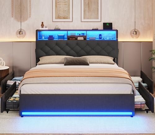 Queen Bed Frame with 4 Drawers, Storage Headboard, Lights, Dark Grey | LED Bed Frame Queen Size with Charging Station, 5 Shelves, Upholstered Bed with Metal Slats, No Box Spring Needed - color: Dark Grey-linen Fabric, size: Queen